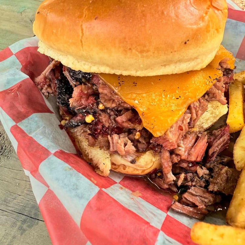Duffy's BBQ and Grill's pulled pork sandwich with melted cheese and a side of fries.
