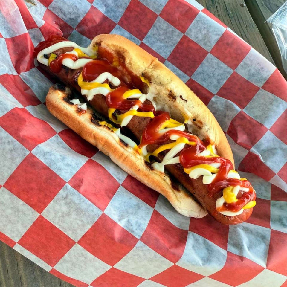 A grilled hot dog with ketchup, mustard, and mayonnaise in a bun on checkered paper.